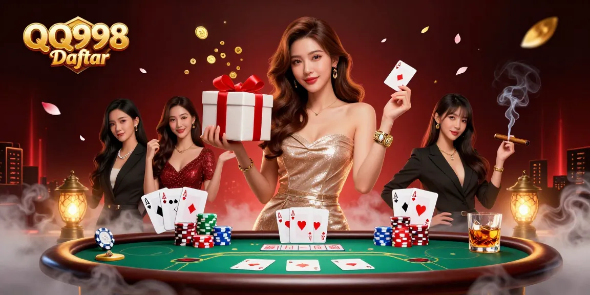 Engage with QQ998 Daftar through festive gaming, featuring dynamic poker elements and vibrant decorations.