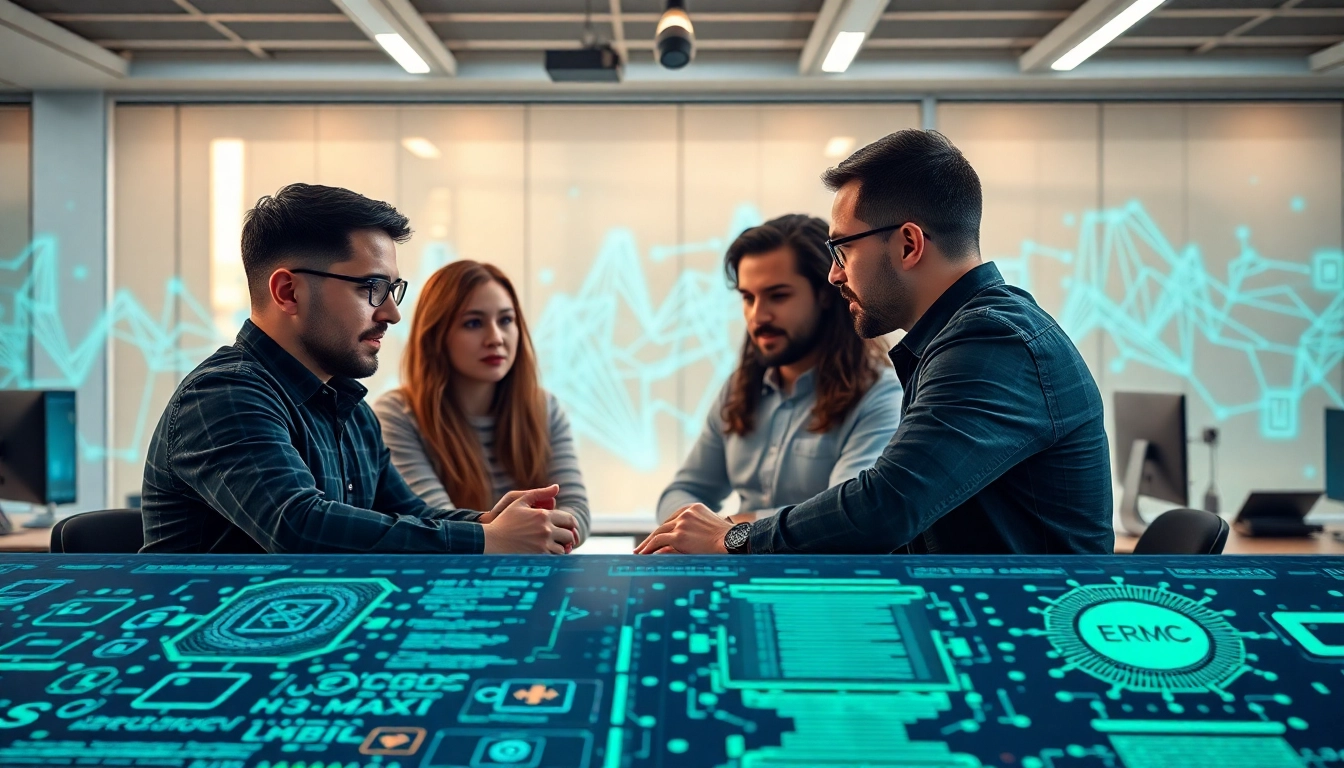 Developers collaborating on EORMC AI blockchain project in a modern office environment.