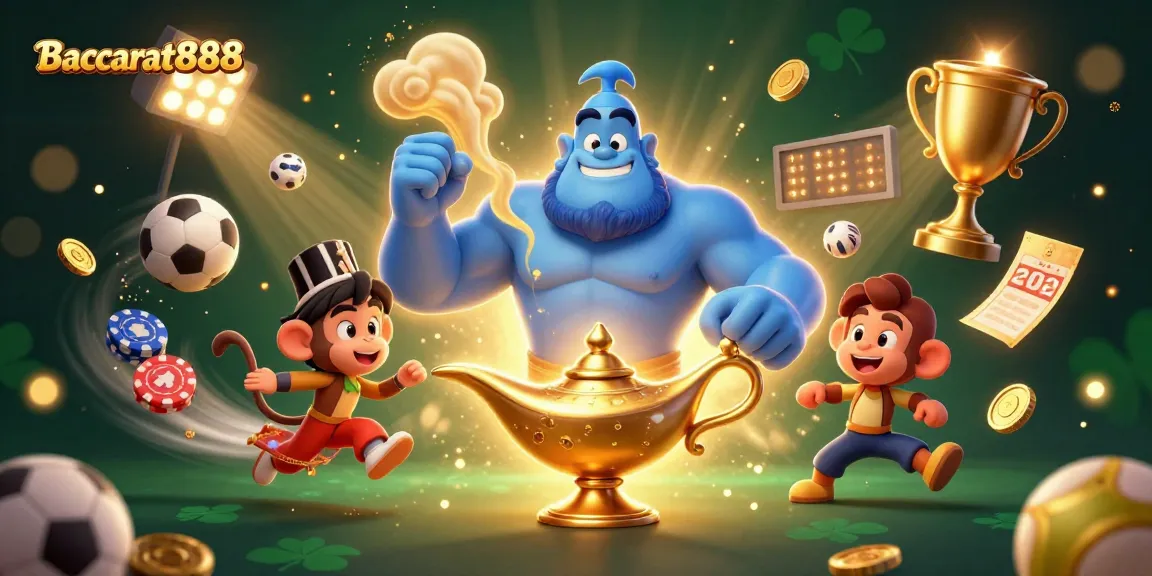 Experience Baccarat888 action with a genie and monkey, backed by vibrant casino elements.