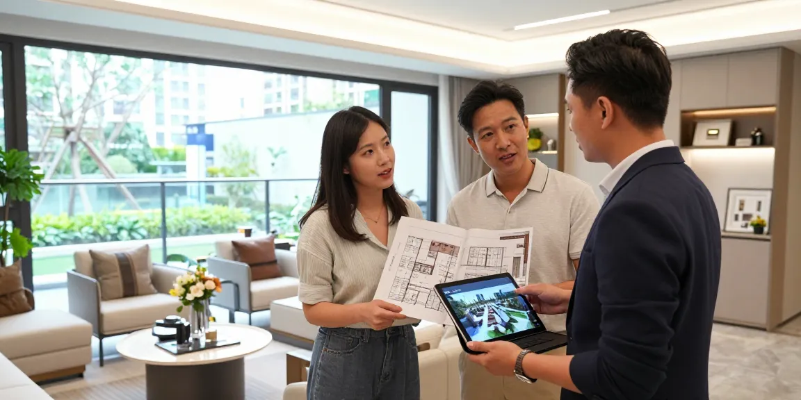 Tanjong Rhu Residences Showflat with couple exploring floor plans and engaging with sales consultant in a modern setting.