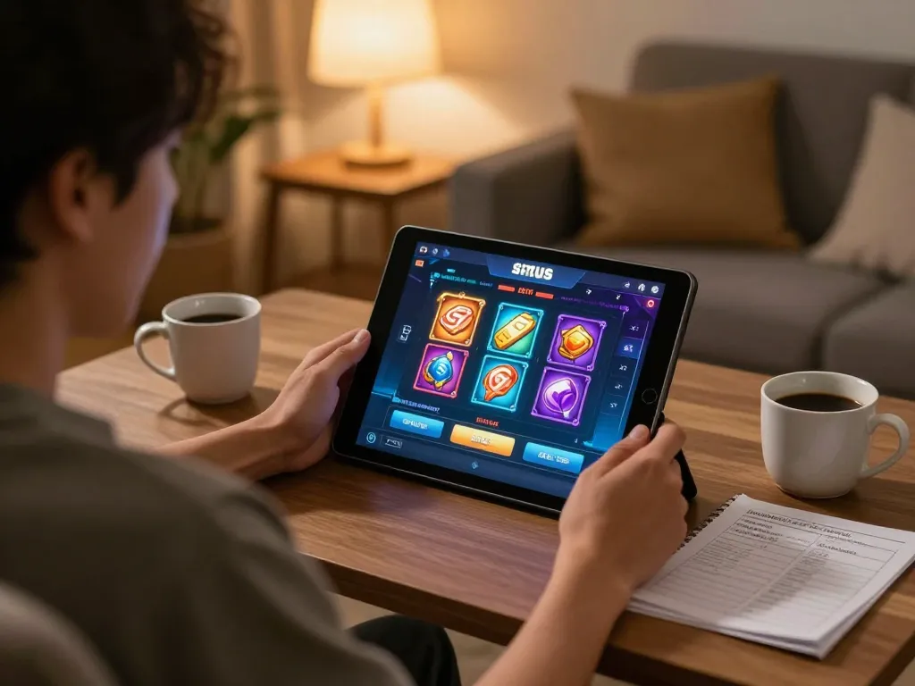 Engaging player exploring situs slot options on tablet amidst a cozy gaming atmosphere.