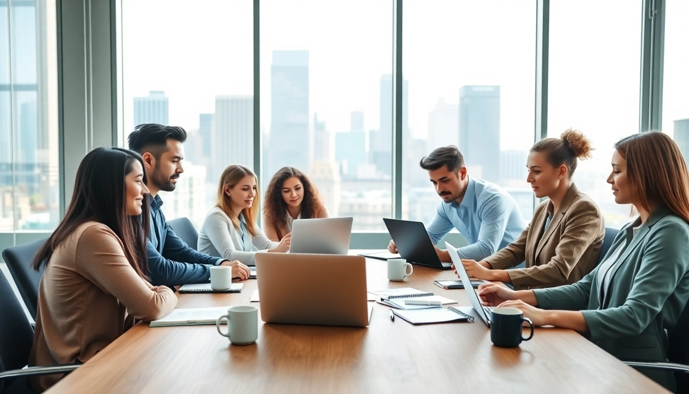 TOEFL test takers for hire collaborating in a corporate strategy session.