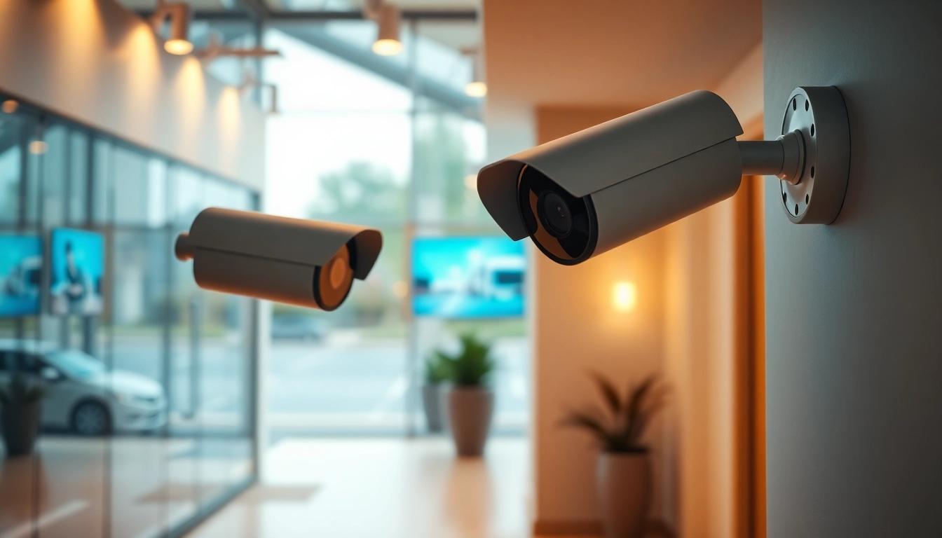 Cámaras Hikvision que monitorizan una zona residencial y empresarial moderna para la seguridad.