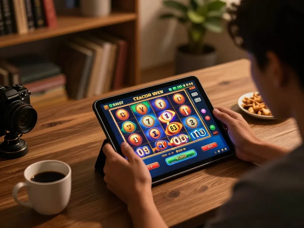 Pemain terlibat dalam permainan slot gacor yang mendebarkan di tablet di rumah, dikelilingi oleh dekorasi yang nyaman dan camilan.