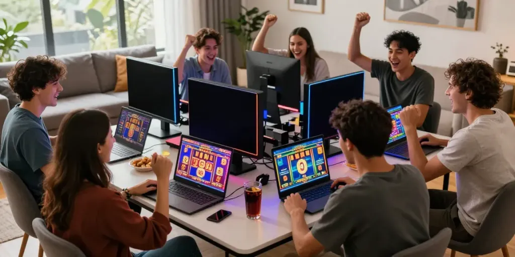 Friends celebrating a big win during an exciting slot88 gaming session together.