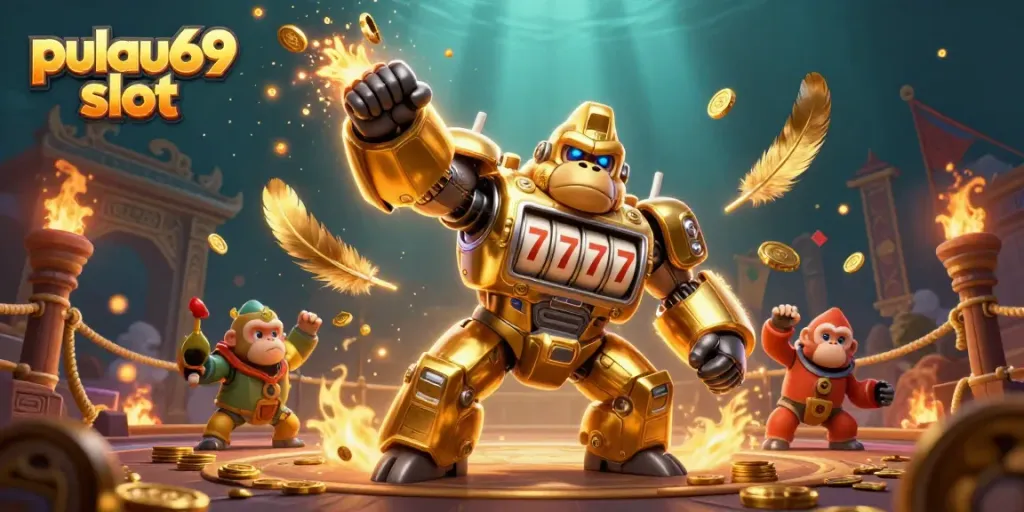 Experience pulau69 slot action with a dynamic 3D gorilla mech amidst a casino-themed battle scene.