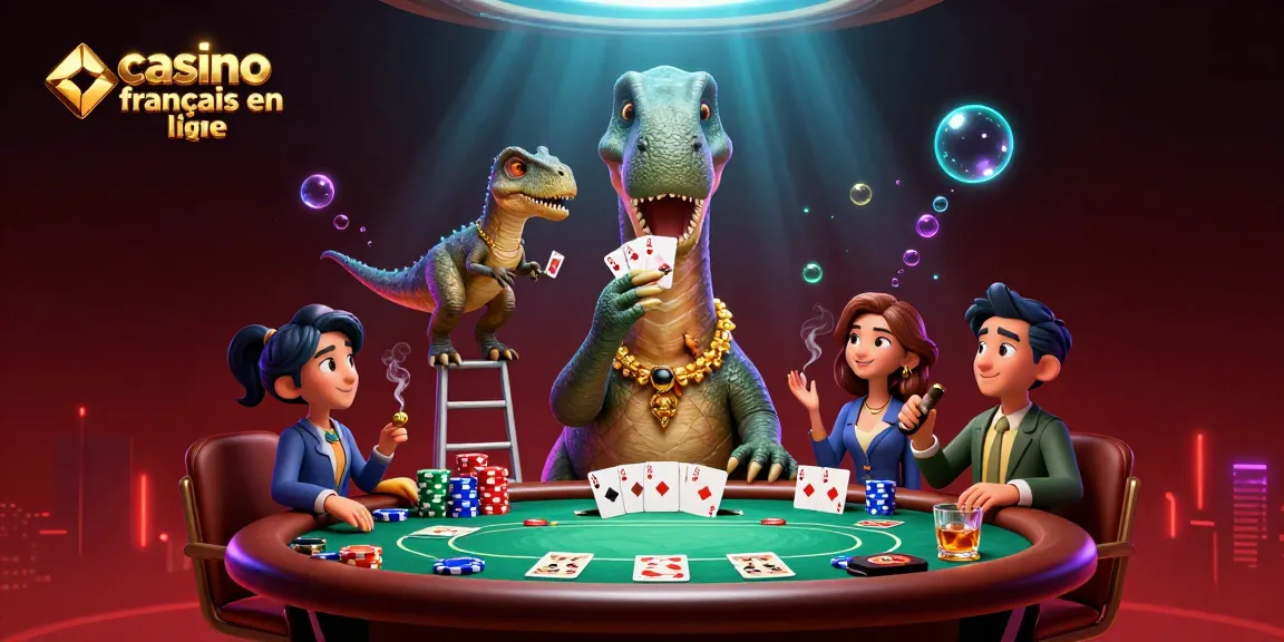 Le casino français en ligne présente une scène de jeu avec un brontosaure inspectant une table de poker animée.
