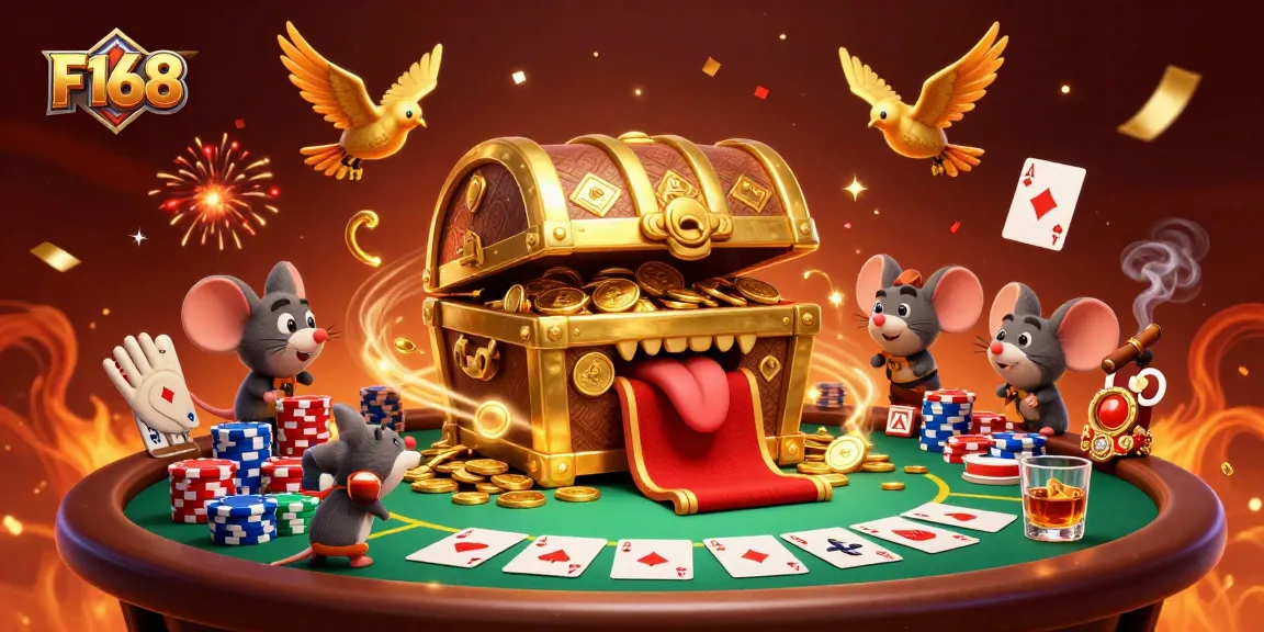 Engage with F168's thrilling gambling experience featuring vibrant poker scenes and adventure elements.