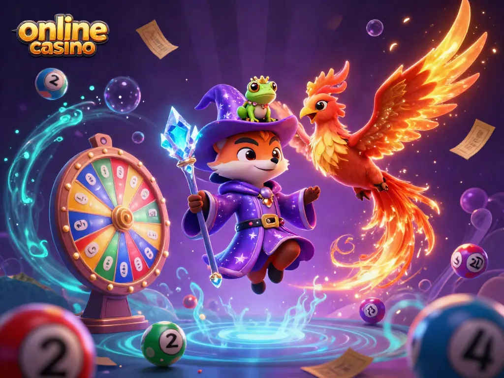 Experience the thrill of the online casino with vibrant characters and magical gaming elements in a dynamic illustration.