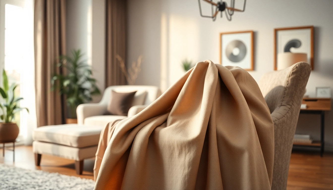 Gordijnstof kopen online met diverse kleuren en texturen in een sfeervolle woonkamer.