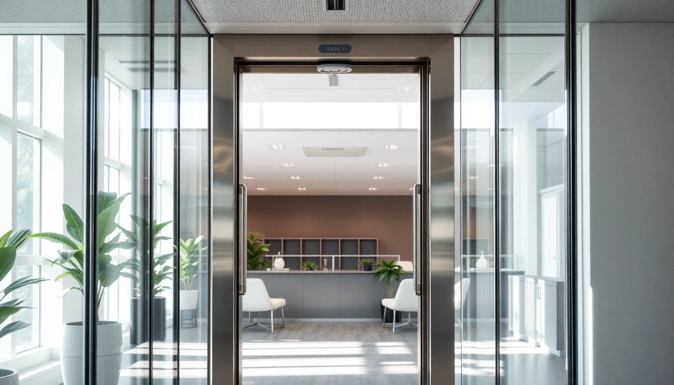 Showcase of Commercial Automatic Doors in a modern office environment with natural lighting.