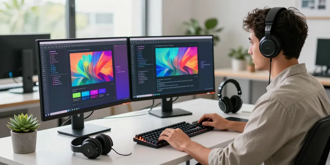 AI prompt image generation in a modern tech workspace, showing a focused developer with dual monitors displaying vibrant coding and prompts.