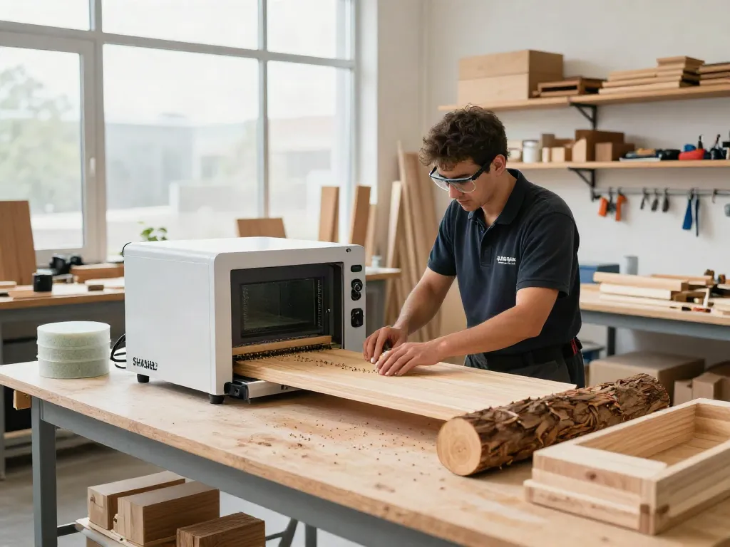 SHASHEL® microwave device effectively treating wood to eliminate pests in a modern workshop.