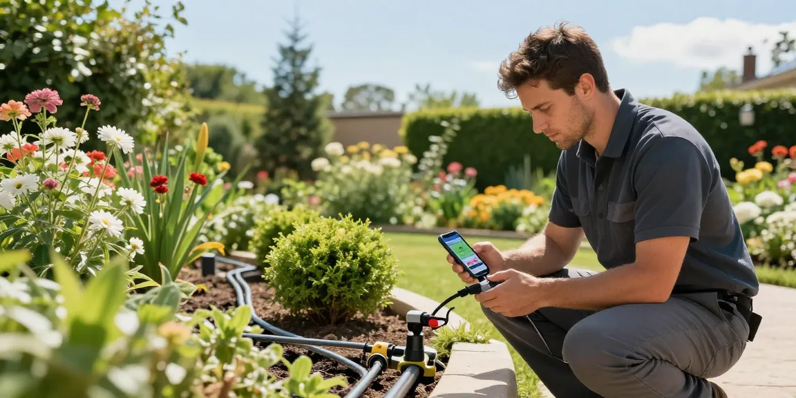 Professional Irrigation Services in Lakeside, TX technician checking drip irrigation system in thriving garden.