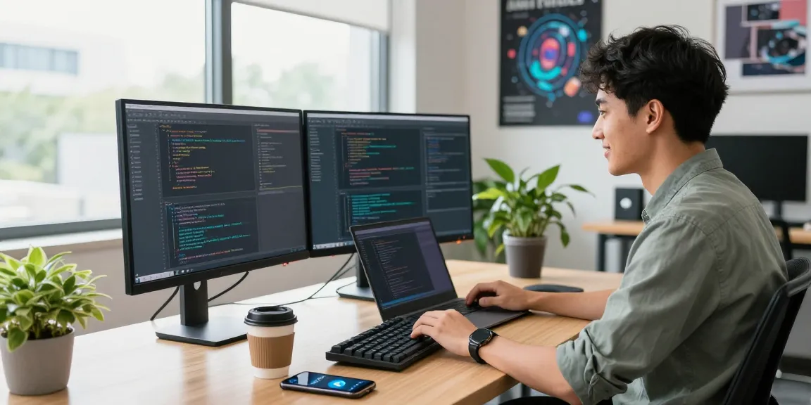 Efficient workspace with a developer coding on dual monitors, highlighting 纸飞机中文版 integration.