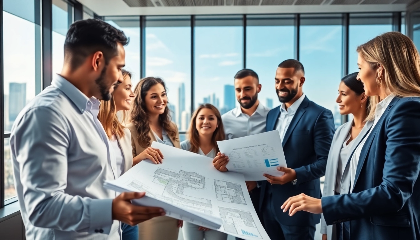 Real Estate agents collaborating in a modern office, discussing property listings and strategies.