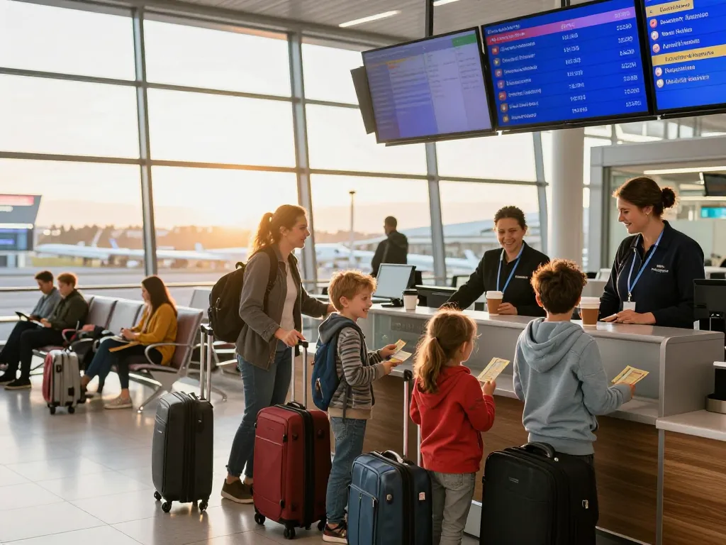 Leeds Bradford Airport from Halifax scene with family checking in at airport, golden sunrise atmosphere