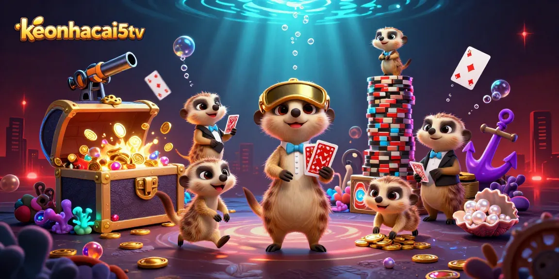 Engage with keonhacai5tv's animated meerkat casino scene showcasing a vibrant underwater treasure explosion.