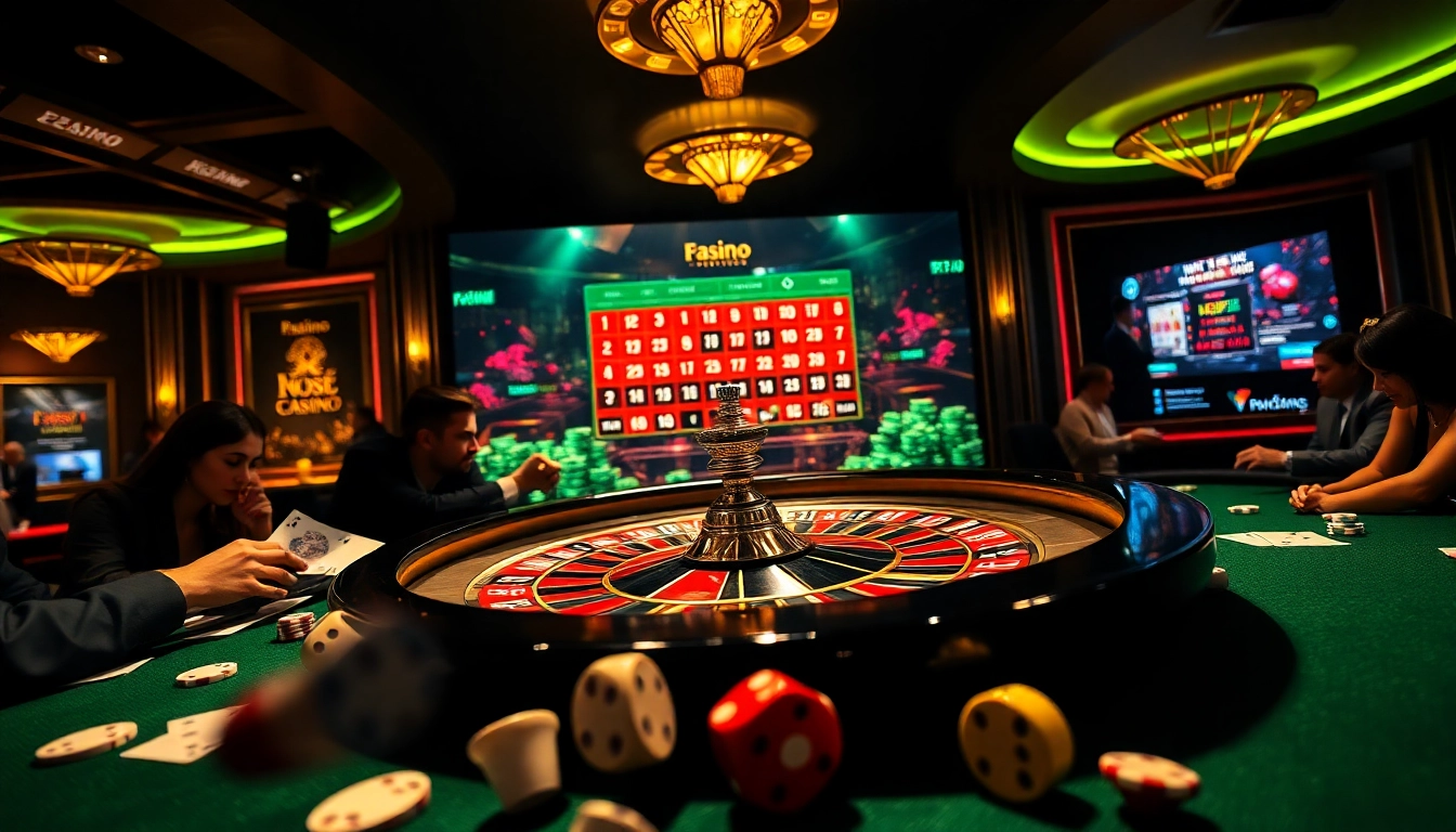 Scène engageante d'activité de casino en ligne avec roulette, cartes et excitation vibrante.