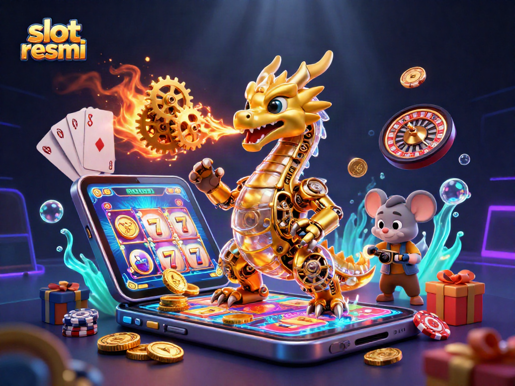 Experience thrilling gameplay with slot resmi, as a golden dragon breathes cogs amidst exciting casino elements.