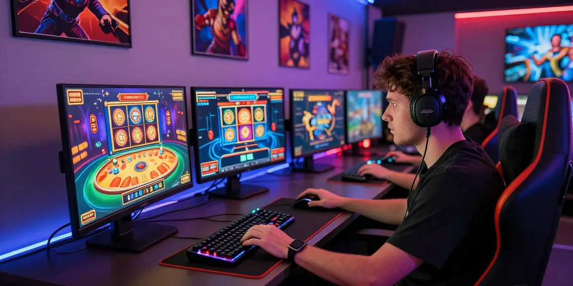 Gamer engaged in online casino games on garuda303 platform, showcasing vibrant digital gaming environment.