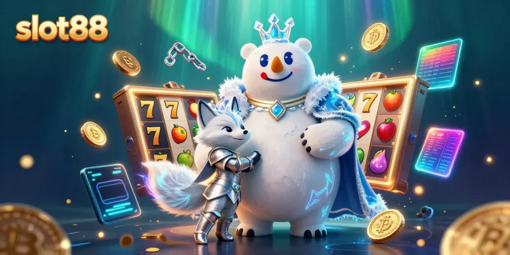 Experience thrill with slot88 in a vibrant scene featuring animated slot reels and crypto elements.