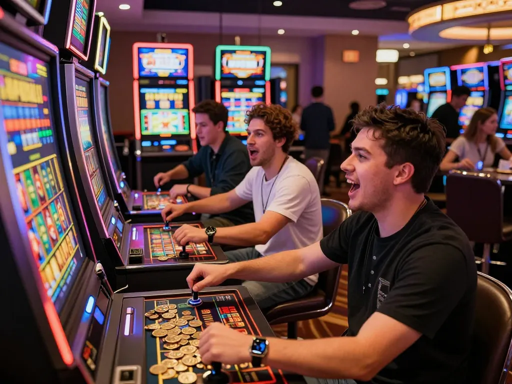 Exciting slot gacor hari ini experience with players celebrating wins in a lively casino environment.