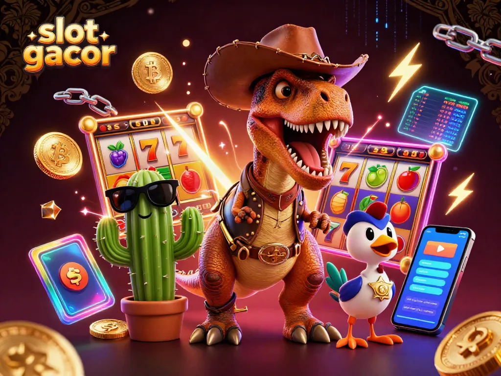 Spin the slot gacor reels with vibrant symbols and characters in a fun casino scene.