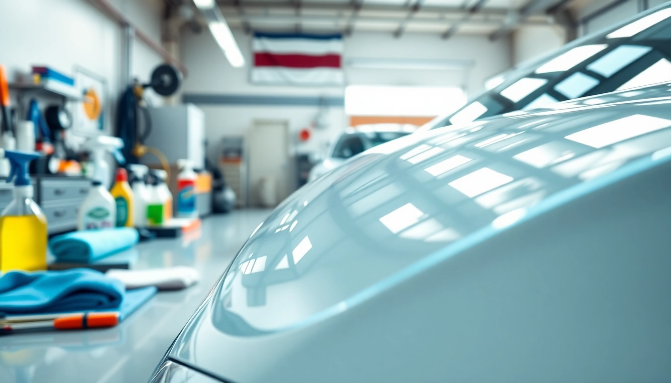Efficient car detailing near me showcasing a professional setup and gleaming vehicle.
