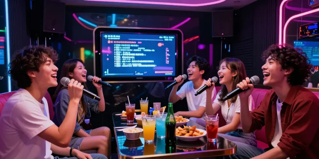 달토 가라오케에서 친구들이 함께 노래를 부르며 즐거운 시간을 보내는 모습