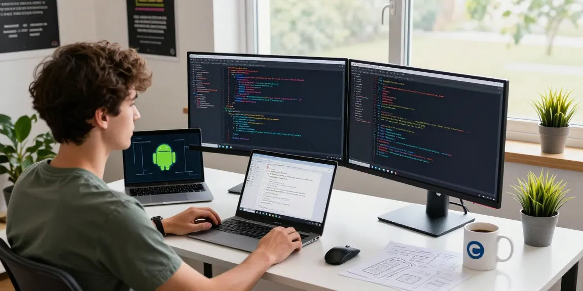 Build Android apps from scratch in an inspiring workspace with a developer coding on a modern desk.