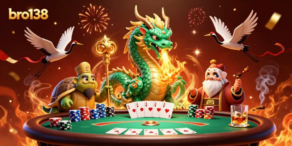 Experience the excitement at bro138 with a dynamic 3D casino scene featuring colorful poker elements and mythical creatures.