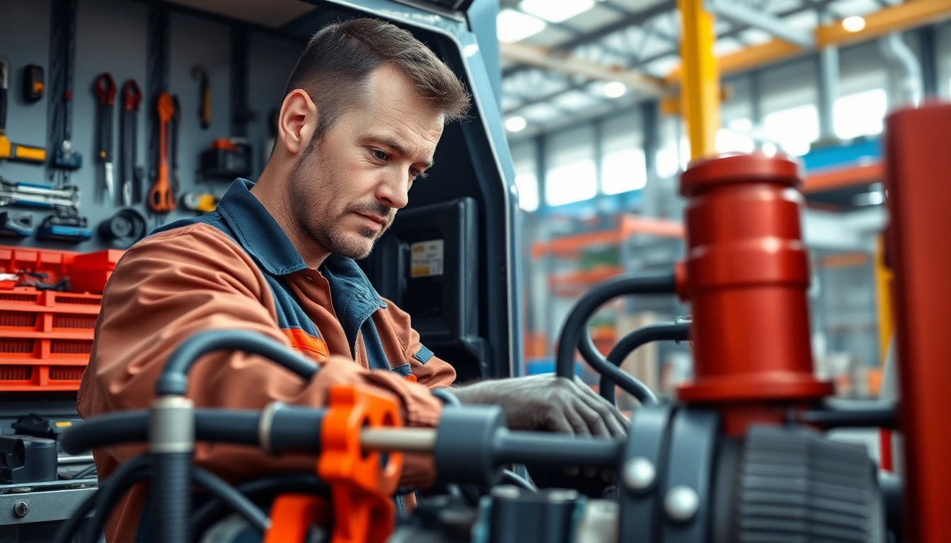 Technician providing mobile hydraulic services with specialized equipment in an industrial setting.