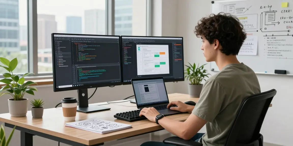 Engaging tech workspace with a developer coding 纸飞机中文版 on dual monitors, showcasing a modern office environment.