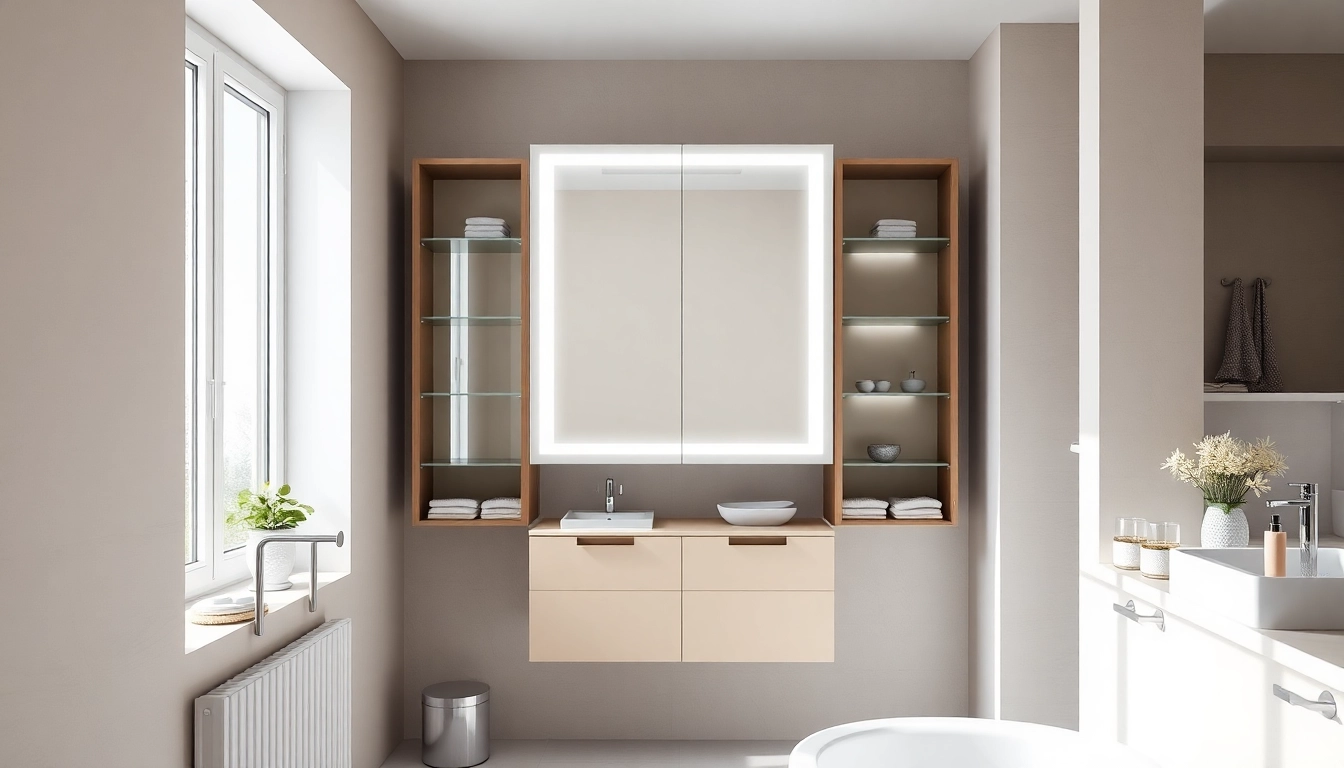 Funktionaler spiegelschrank mit led Beleuchtung im modernen Badezimmer.