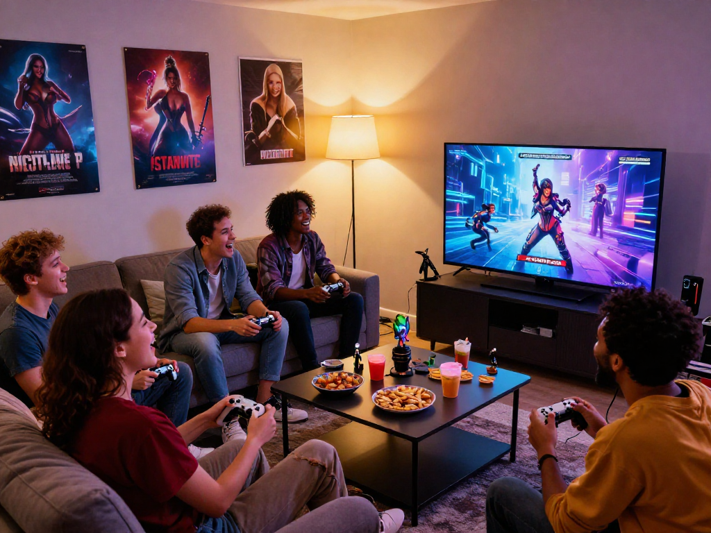 Friends enjoying a multiplayer sex game on a big screen, controllers in hand, cozy atmosphere with snacks.