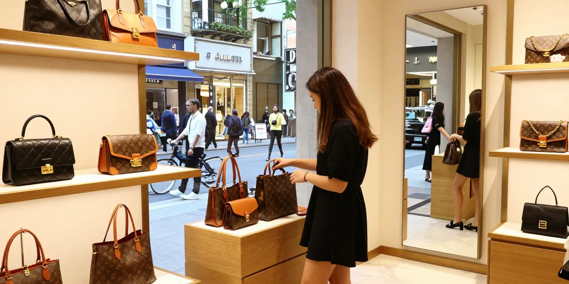Browsing through luxury replica bags in a stylish e-commerce boutique setting.