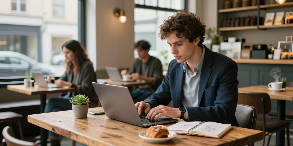 Engaged professional using laptop at café with a coffee cup, reflecting a modern work culture.