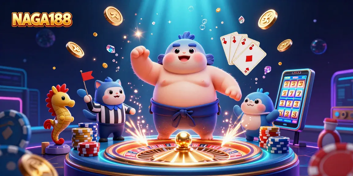 NAGA188 hadir dengan ilustrasi kasino yang menarik, menunjukkan karakter fugu 3D yang lucu dan elemen permainan yang kaya.