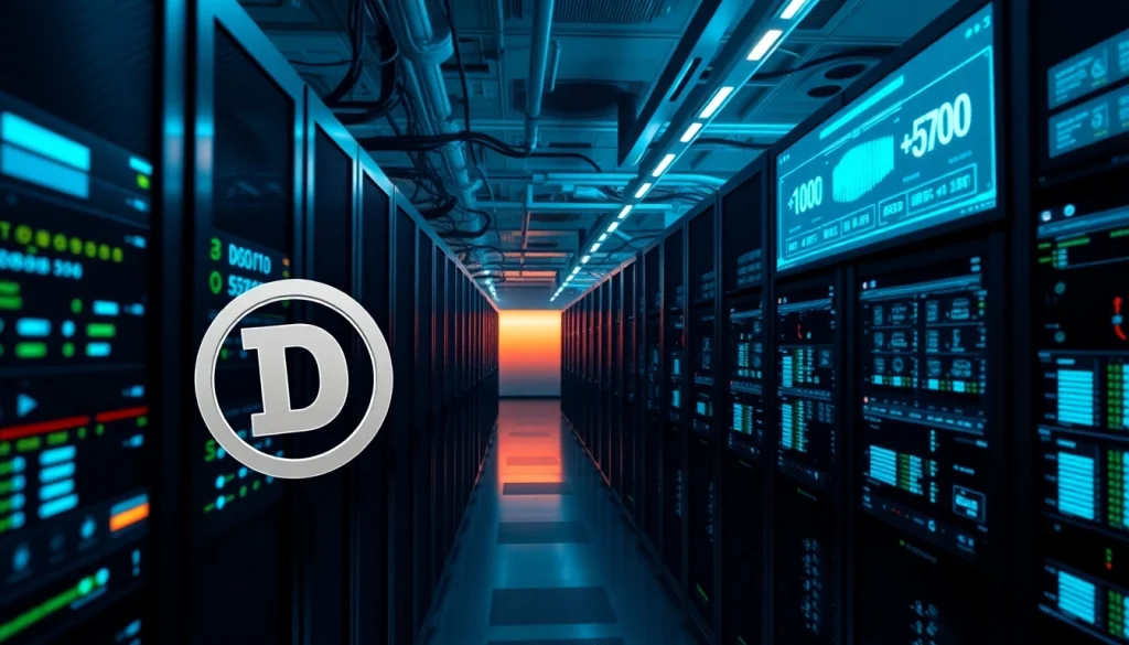 dogecoin cloud mining servers in a modern data center with vibrant interfaces