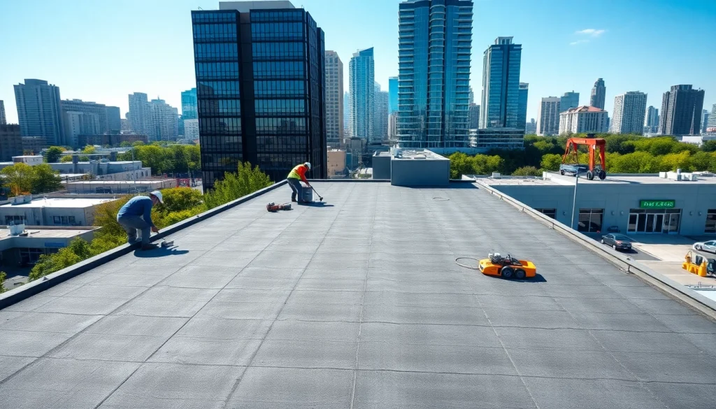 Workers overseeing the application of commercial roofing services on an urban flat roof.