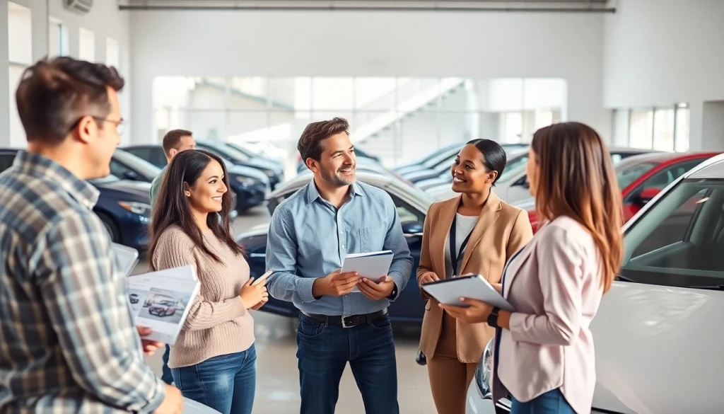 Buy a car confidently with smiling customers exploring options at a modern dealership.