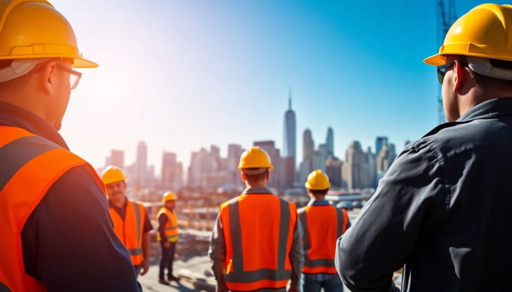 Construction site scene showcasing a New York Commercial General Contractor managing a project, with active workers.