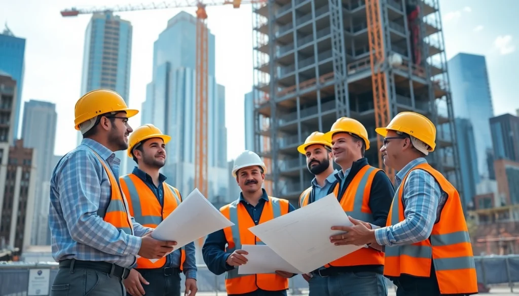 New York City General Contractor overseeing a vibrant urban construction project with teamwork and safety elements.