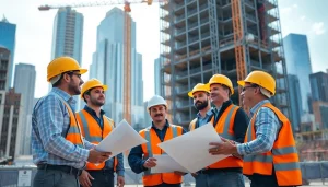 New York City General Contractor overseeing a vibrant urban construction project with teamwork and safety elements.