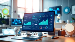 Showcasing advanced technology gadgets and data analytics in a modern workspace environment.