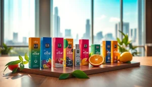 Elfbar Produkte in attraktiven Farben auf einem Holztisch präsentieren