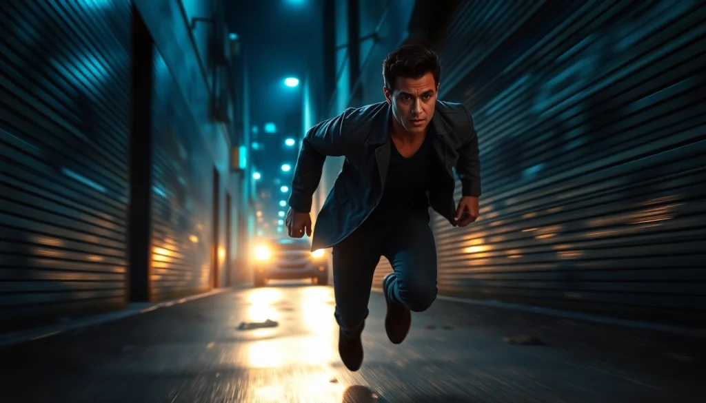 Character dashing through a thrilling urban environment, symbolizing a fast-paced thriller experience.