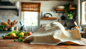 Kaasdoek met unieke patronen op een rustieke houten aanrecht, perfect voor culinaire creaties.