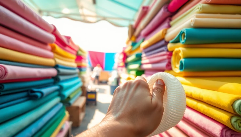 Bekijk de wafel katoen in een kleurrijke stoffenmarkt met zachte texturen.